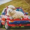 Sheep On A Red Car Diamond Painting