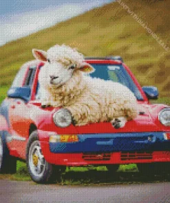 Sheep On A Red Car Diamond Painting