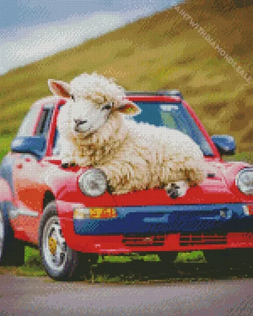 Sheep On A Red Car Diamond Painting