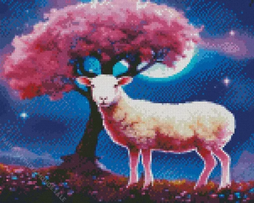 Sheep With Pink Tree Diamond Painting