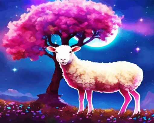 Sheep With Pink Tree Diamond Painting