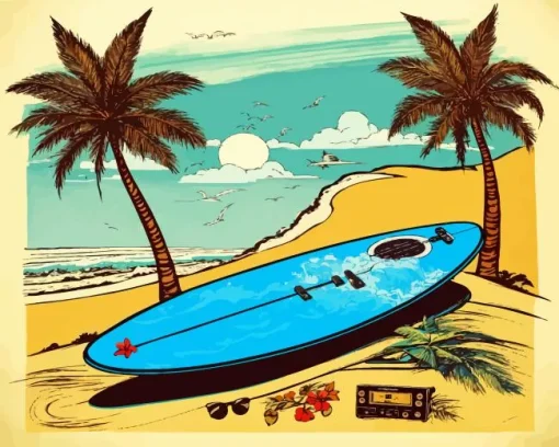 Surfboard In The Beach Diamond Painting