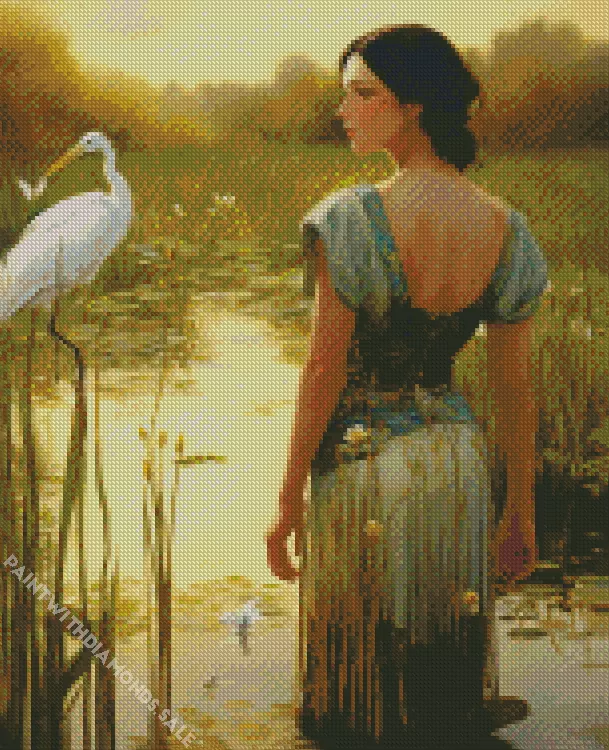 anime girl and Great Egret Diamond By Numbers Anime Girl And Great Egret Diamond Painting