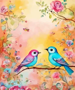 Bleu And Pink Lovebirds Diamond Painting