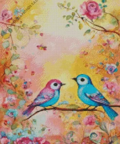 Bleu And Pink Lovebirds Diamond Painting