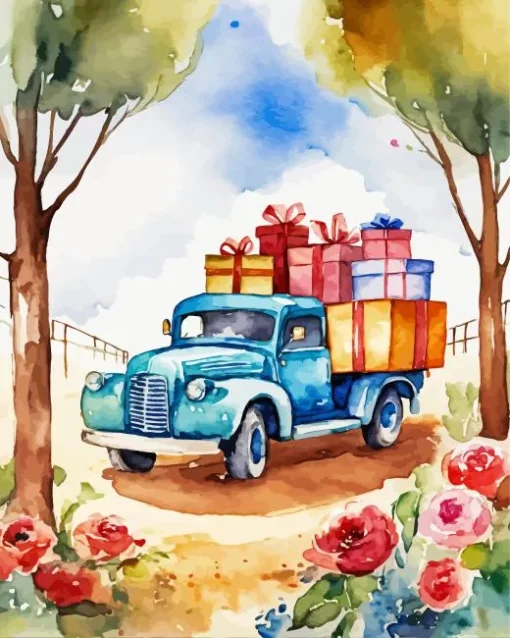 Blue Classic Truck With Gifts Diamond Painting