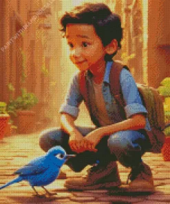 Cute Boy And Indigo Bunting Bird Diamond Painting