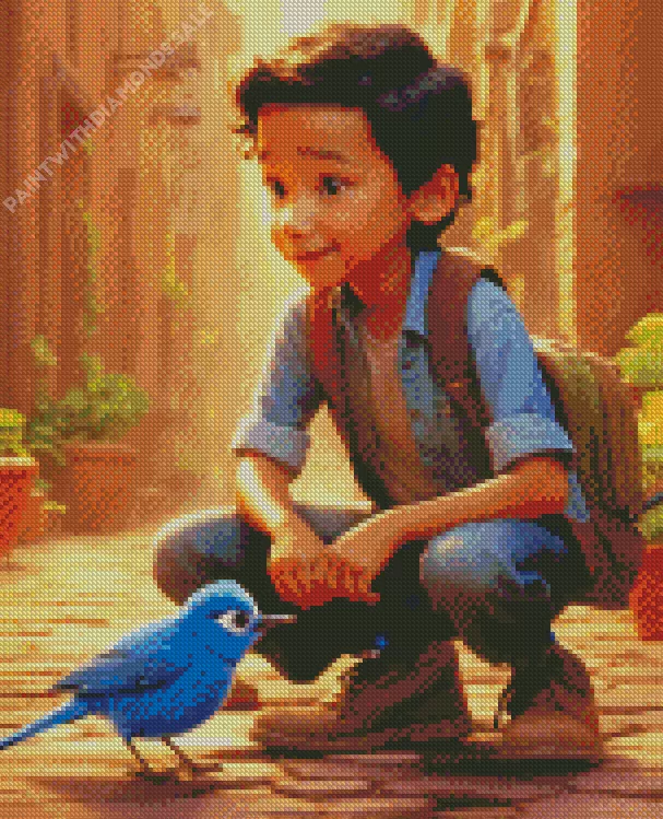 cute boy and Indigo Bunting bird Diamond By Numbers Cute Boy And Indigo Bunting Bird Diamond Painting