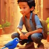 Cute Boy And Indigo Bunting Bird Diamond Painting