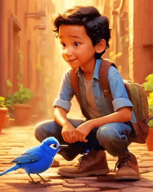 cute boy and Indigo Bunting bird Diamond Paintings Cute Boy And Indigo Bunting Bird Diamond Painting