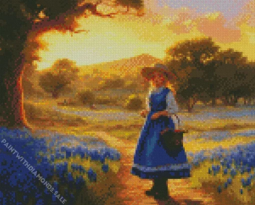 Cute Girl Picking Bluebonnets Diamond Painting