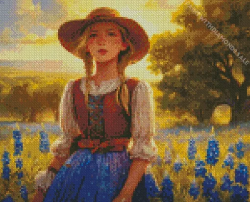 Girl In Bluebonnet Field Diamond Painting