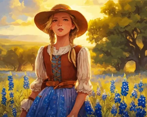 Girl In Bluebonnet Field Diamond Painting