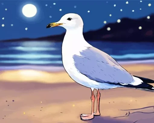 Little Seagull At Night On The Beach Diamond Painting