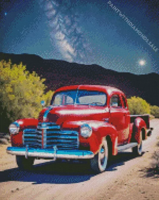 Red Chevy Truck In Moonlight Diamond Painting