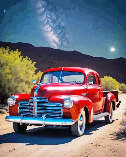 Red Chevy Truck In Moonlight Diamond Painting