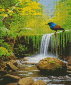 Waterfall And Indigo Bunting Diamond Painting