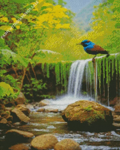 Waterfall And Indigo Bunting Diamond Painting