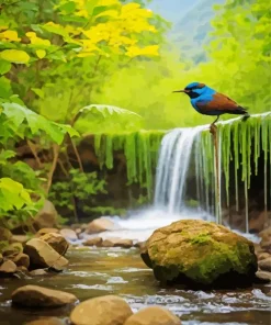 Waterfall And Indigo Bunting Diamond Painting