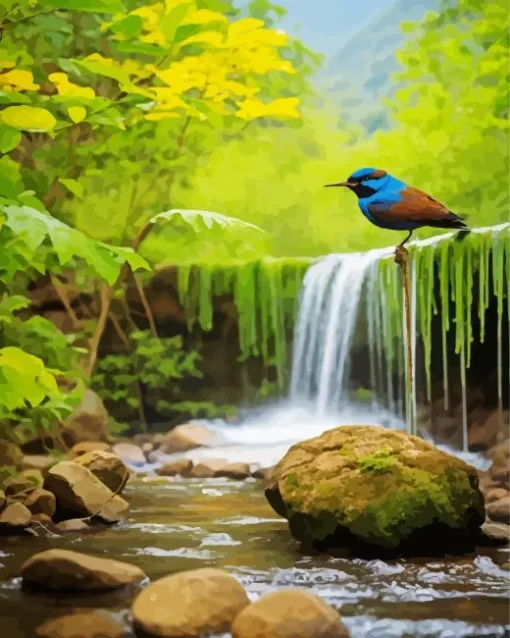 Waterfall And Indigo Bunting Diamond Painting