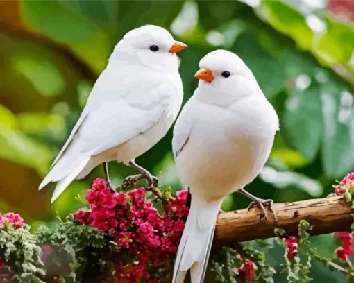 White Lovebirds In A Floral Branch Diamond Painting