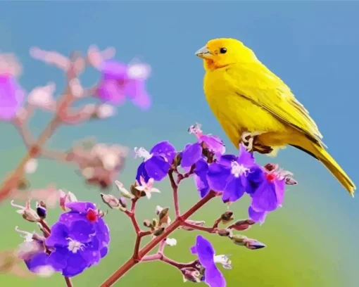 Yellow Canary And Purple Flowers Diamond Painting