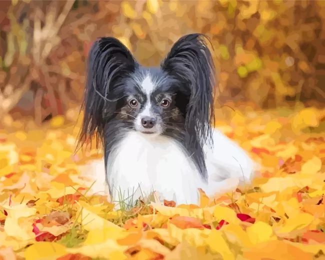 Papillon dog in autumn leaves Diamond By Numbers Papillon Dog In Autumn Leaves Diamond Painting