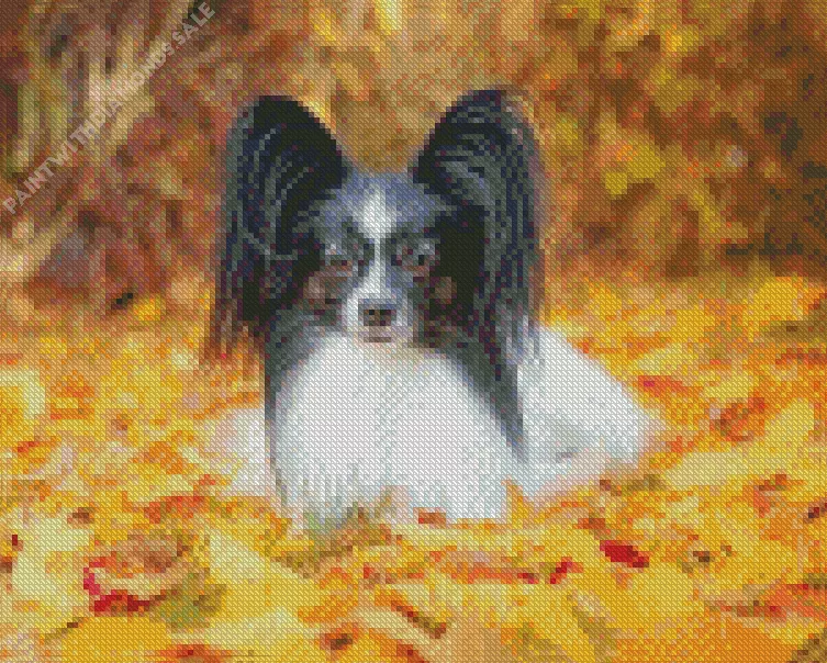 Papillon dog in autumn leaves Diamond Paints Papillon Dog In Autumn Leaves Diamond Painting