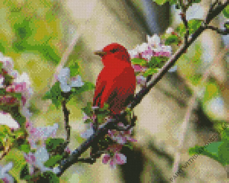 Summer Tanager Bird on a floral branch Diamond Dotz Summer Tanager Bird On A Floral Branch Diamond Painting