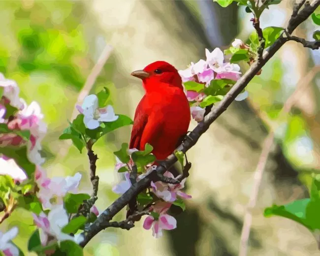 Summer Tanager Bird on a floral branch Diamond Paintings Summer Tanager Bird On A Floral Branch Diamond Painting