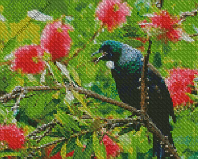 Tui bird on a floral tree Diamond By Numbers Tui Bird On A Floral Tree Diamond Painting