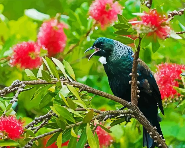 Tui bird on a floral tree Diamond Paints Tui Bird On A Floral Tree Diamond Painting