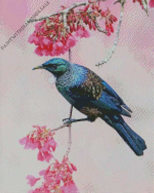 Tui bird with pink flowers Diamond By Numbers Tui Bird With Pink Flowers Diamond Painting