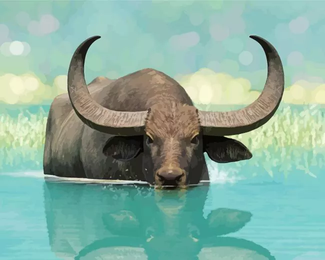 Wild water buffalo in water reflection Diamond Paintings Wild Water Buffalo In Water Reflection Diamond Painting