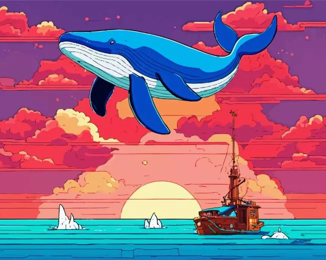 blue Whale and pink sunset Diamond With Numbers Blue Whale And Pink Sunset Diamond Painting