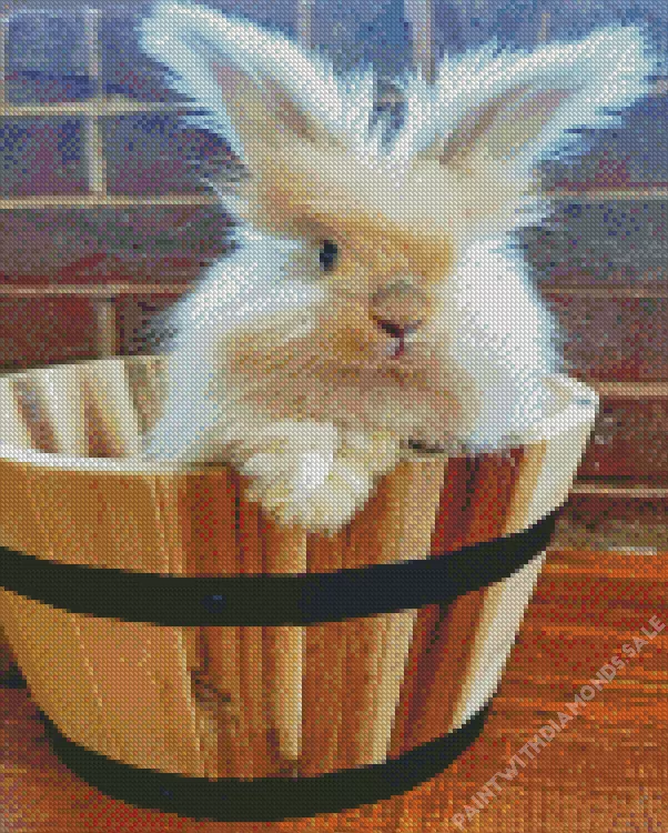 cute Angora rabbit in a barrel Diamond By Numbers cute Angora Rabbit In A Barrel Diamond Painting