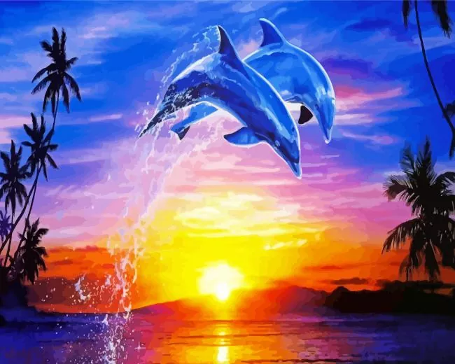 leaping dolphins at sunset Diamond With Numbers Leaping Dolphins At Sunset Diamond Painting