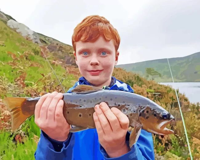 little boy with brown fish Diamond With Numbers Little Boy With Brown Fish Diamond Painting