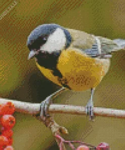 Parus Bird On Branch With Red Berries Diamond Painting