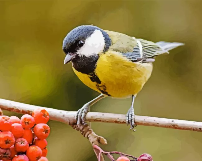 parus bird on branch with red berries Diamond With Numbers Parus Bird On Branch With Red Berries Diamond Painting
