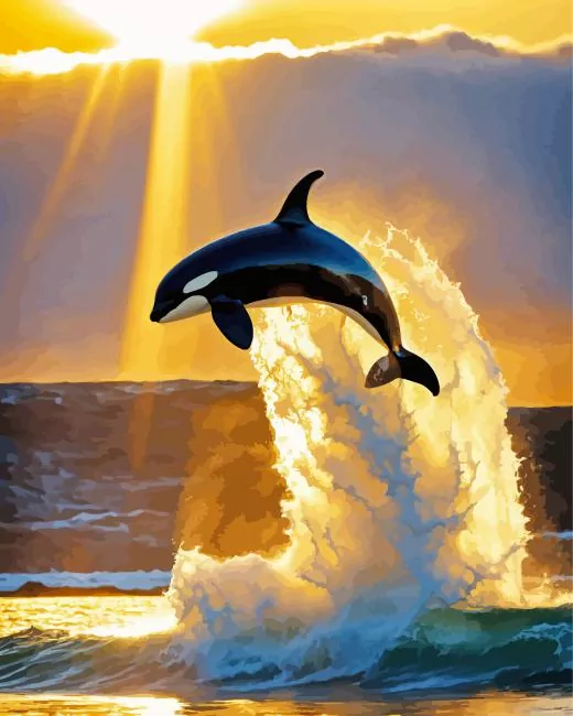 sunlight with Orca jumping Diamond With Numbers Sunlight With Orca Jumping Diamond Painting