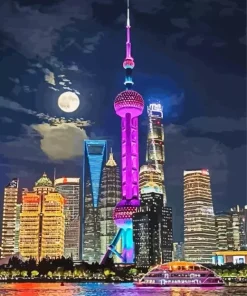 Oriental Pearl Tower Under A Full Moon Diamond Painting