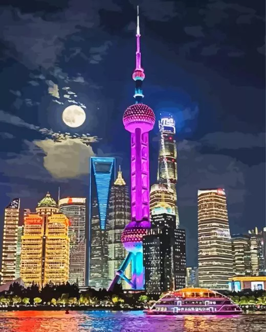 Oriental Pearl Tower under a full moon Diamond By Numbers Oriental Pearl Tower Under A Full Moon Diamond Painting