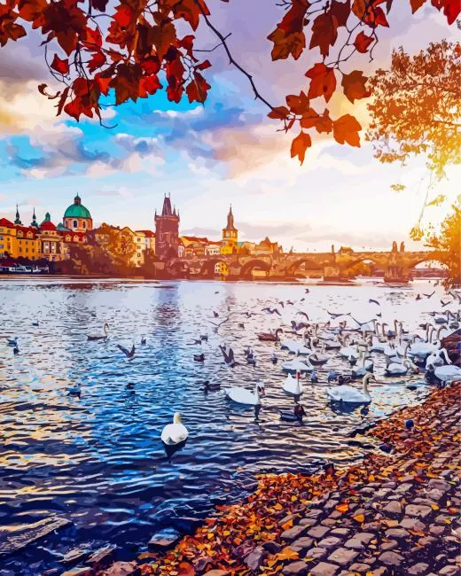 Prague Vltava River in Autumn Diamond Paintings Prague Vltava River In Autumn Diamond Painting