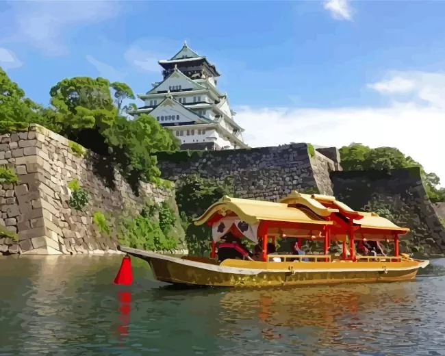 boat next to Osaka Castle Diamond Paints Boat Next To Osaka Castle Diamond Painting