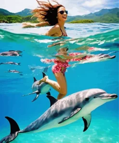 Lovely Girl Swimming With Dolphin Diamond Painting