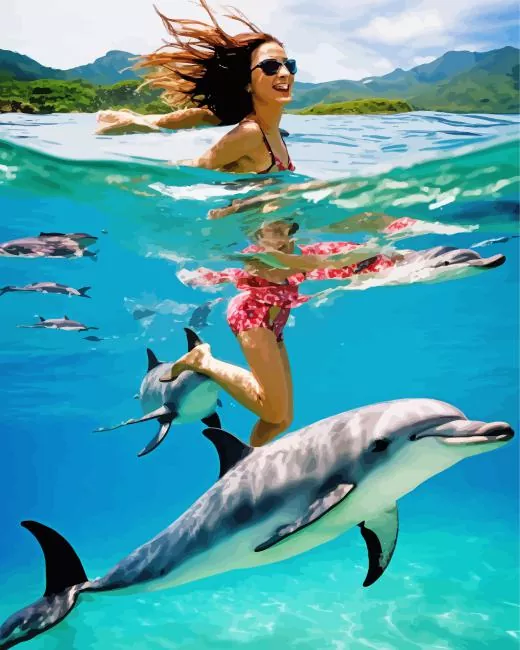 lovely girl Swimming with dolphin Diamond By Numbers Lovely Girl Swimming With Dolphin Diamond Painting