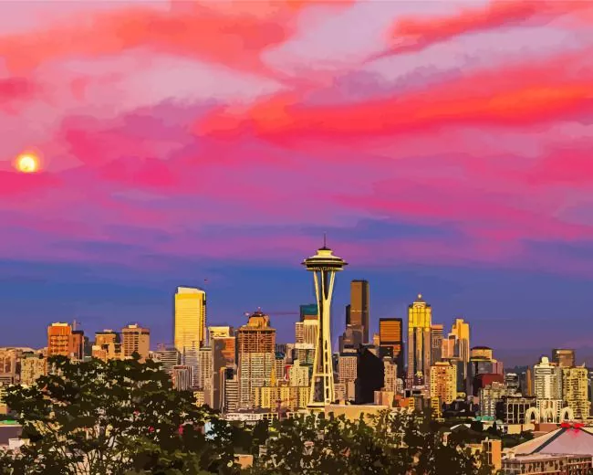 pink sunset in Seattle Diamond Paints Pink Sunset In Seattle Diamond Painting