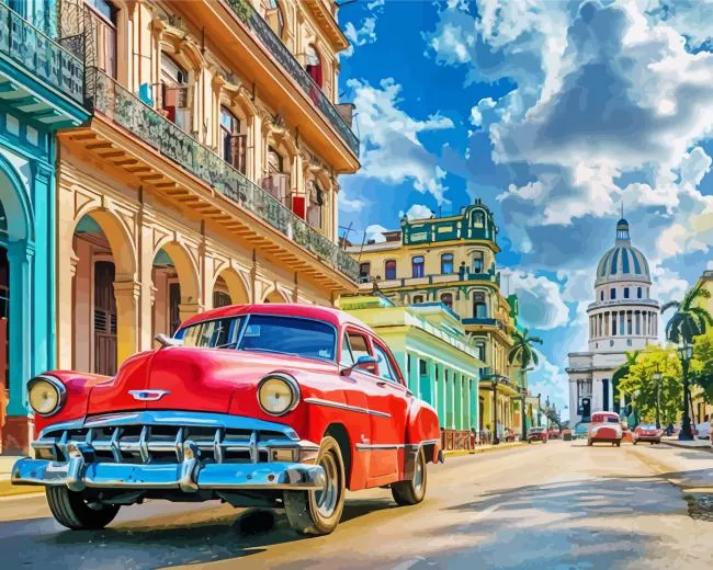 red car in cuba city Diamond By Numbers Red Car In Cuba City Diamond Painting
