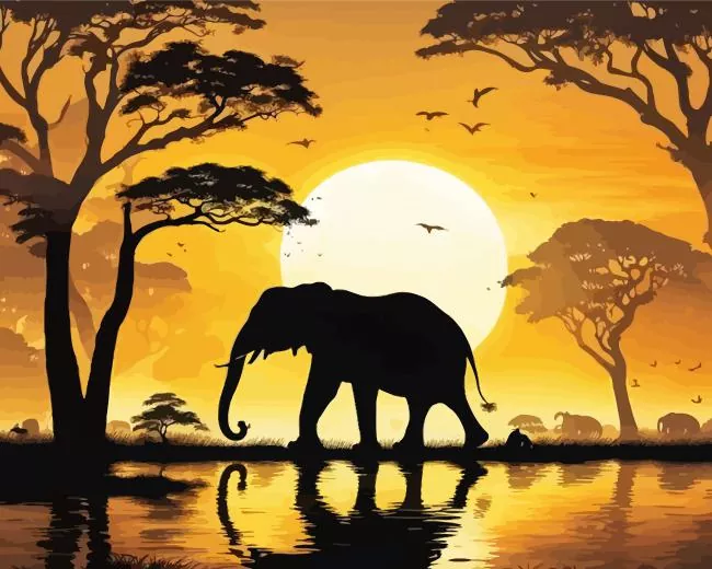 elephant silhouette sunset Diamond With Numbers Elephant Silhouette Sunset Diamond Painting